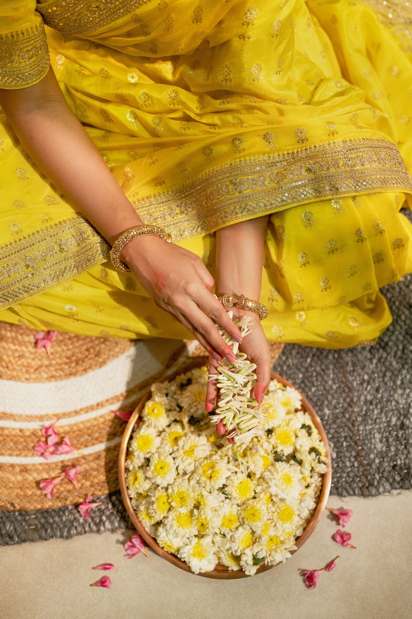 Yellow Silk Saree with Golden Buti Work and Rich Zari Border - Mayrake.in