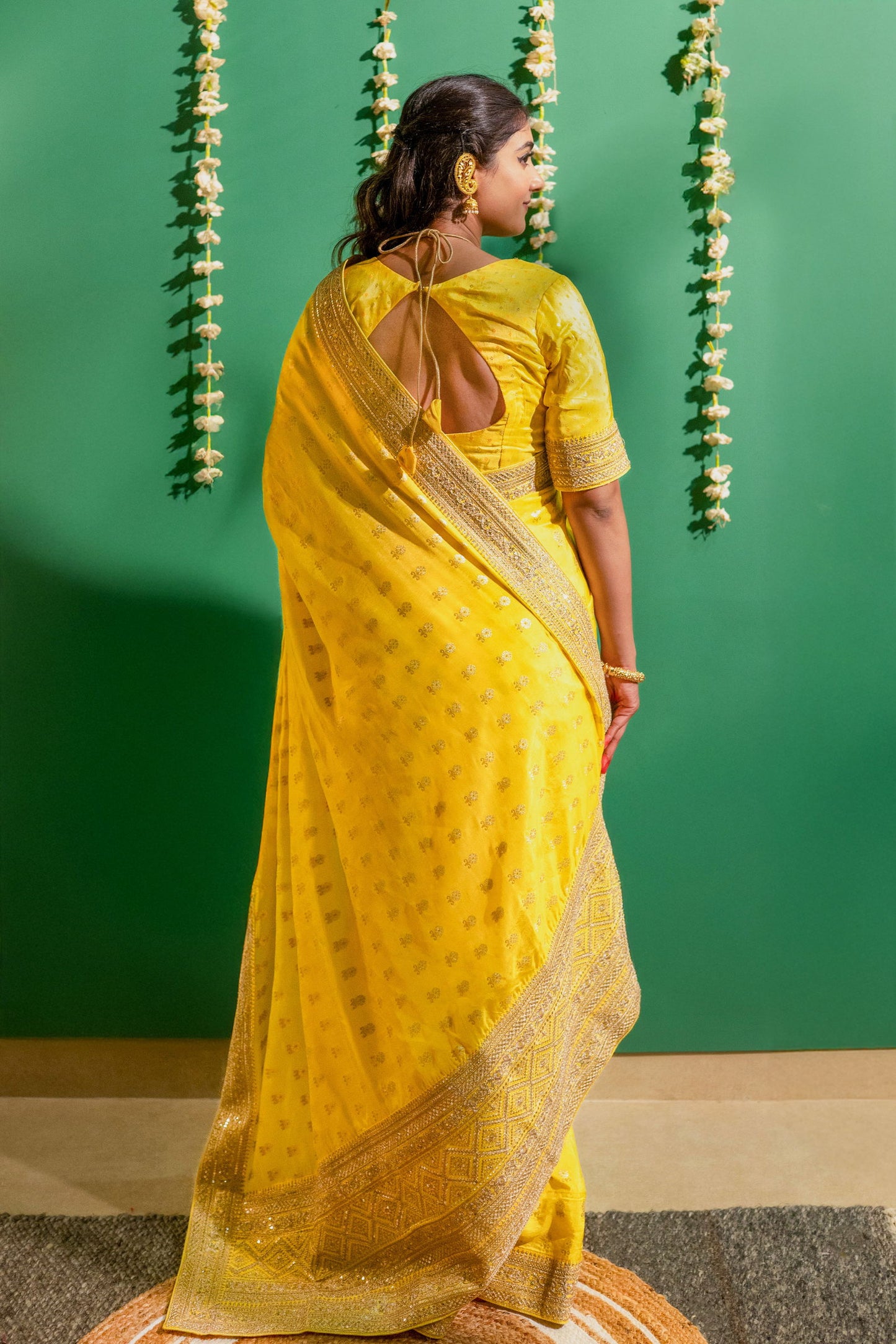 Yellow Silk Saree with Golden Buti Work and Rich Zari Border - Mayrake.in