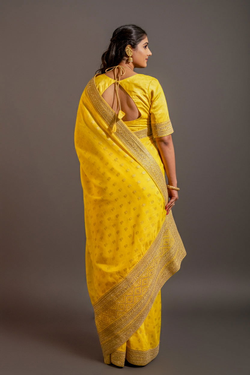 Yellow Silk Saree with Golden Buti Work and Rich Zari Border - Mayrake.in