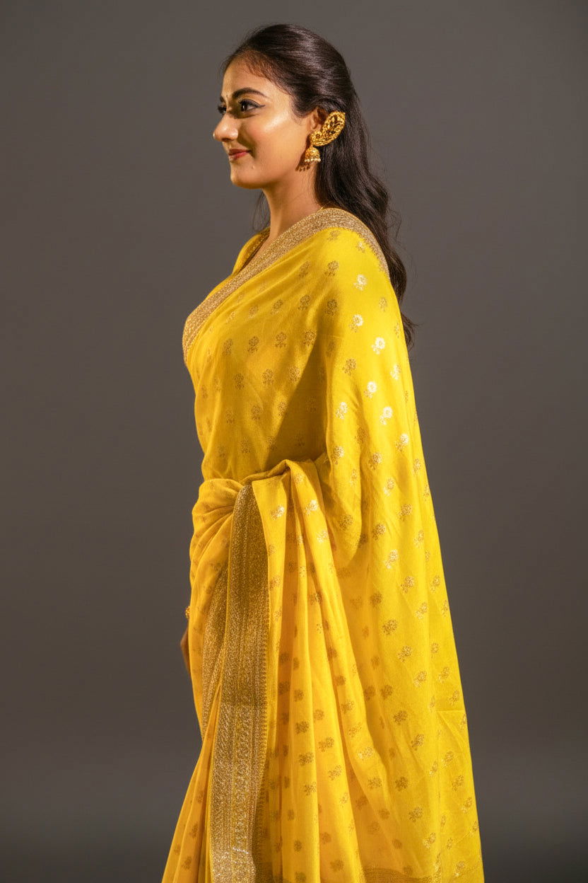 Yellow Silk Saree with Golden Buti Work and Rich Zari Border - Mayrake.in