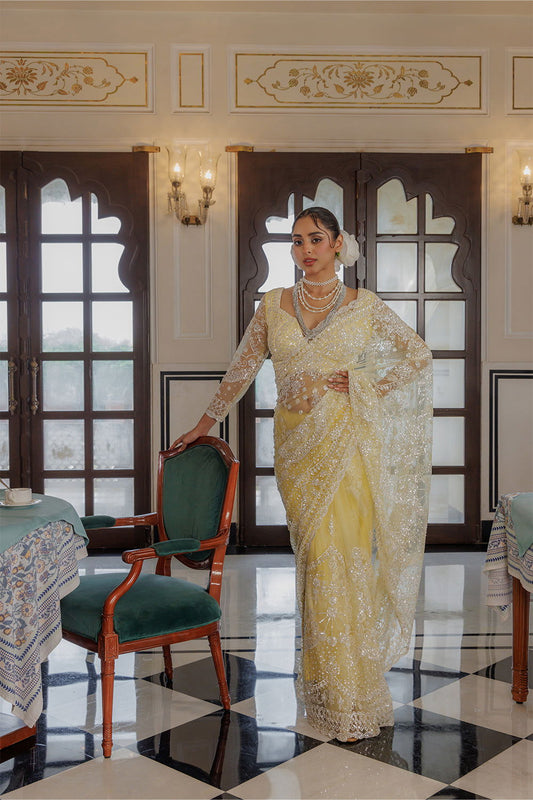 Yellow Super Net Saree with Sequin and  Swarovski Work - Mayrake.in