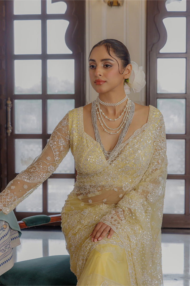 Yellow Super Net Saree with Sequin and  Swarovski Work - Mayrake.in