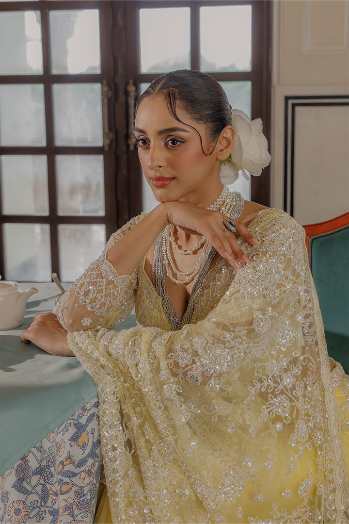 Yellow Super Net Saree with Sequin and  Swarovski Work - Mayrake.in