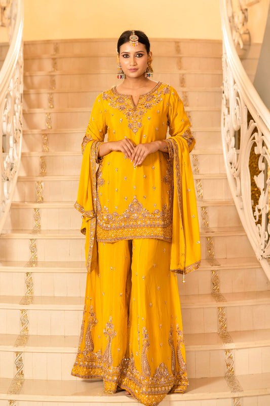 Yellow Viscose Silk Detailed Heavy Embroidered Sharara Set - Mayrake.in