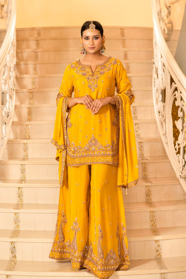 Yellow Viscose Silk Detailed Heavy Embroidered Sharara Set - Mayrake.in