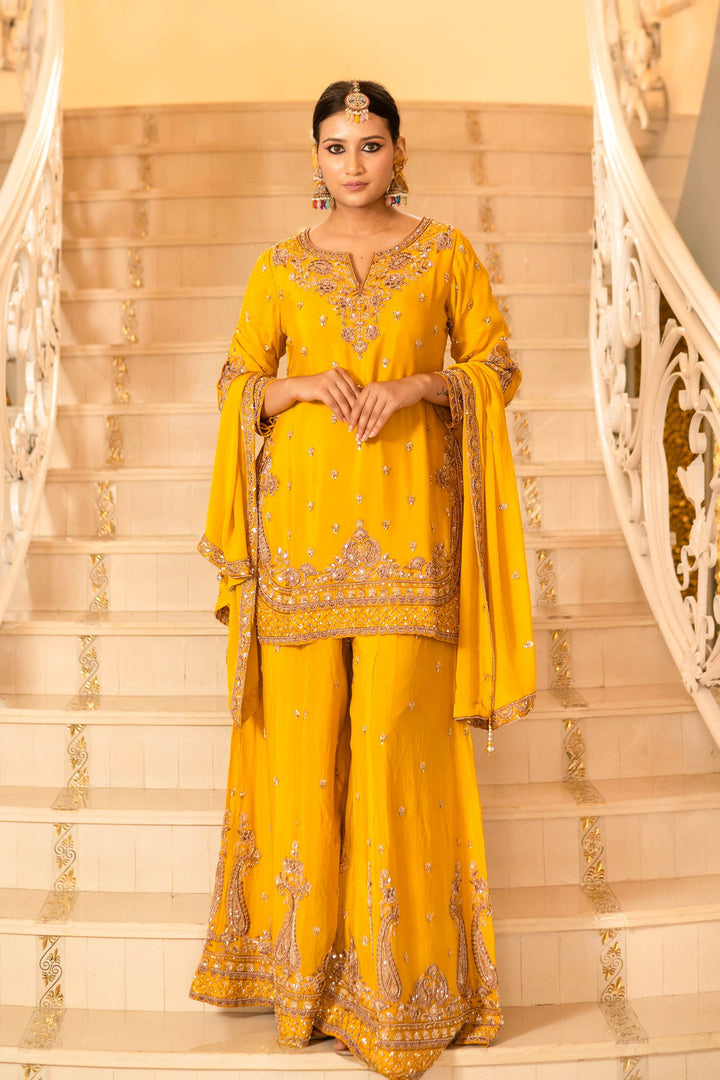 Yellow Viscose Silk Detailed Heavy Embroidered Sharara Set - Mayrake.in