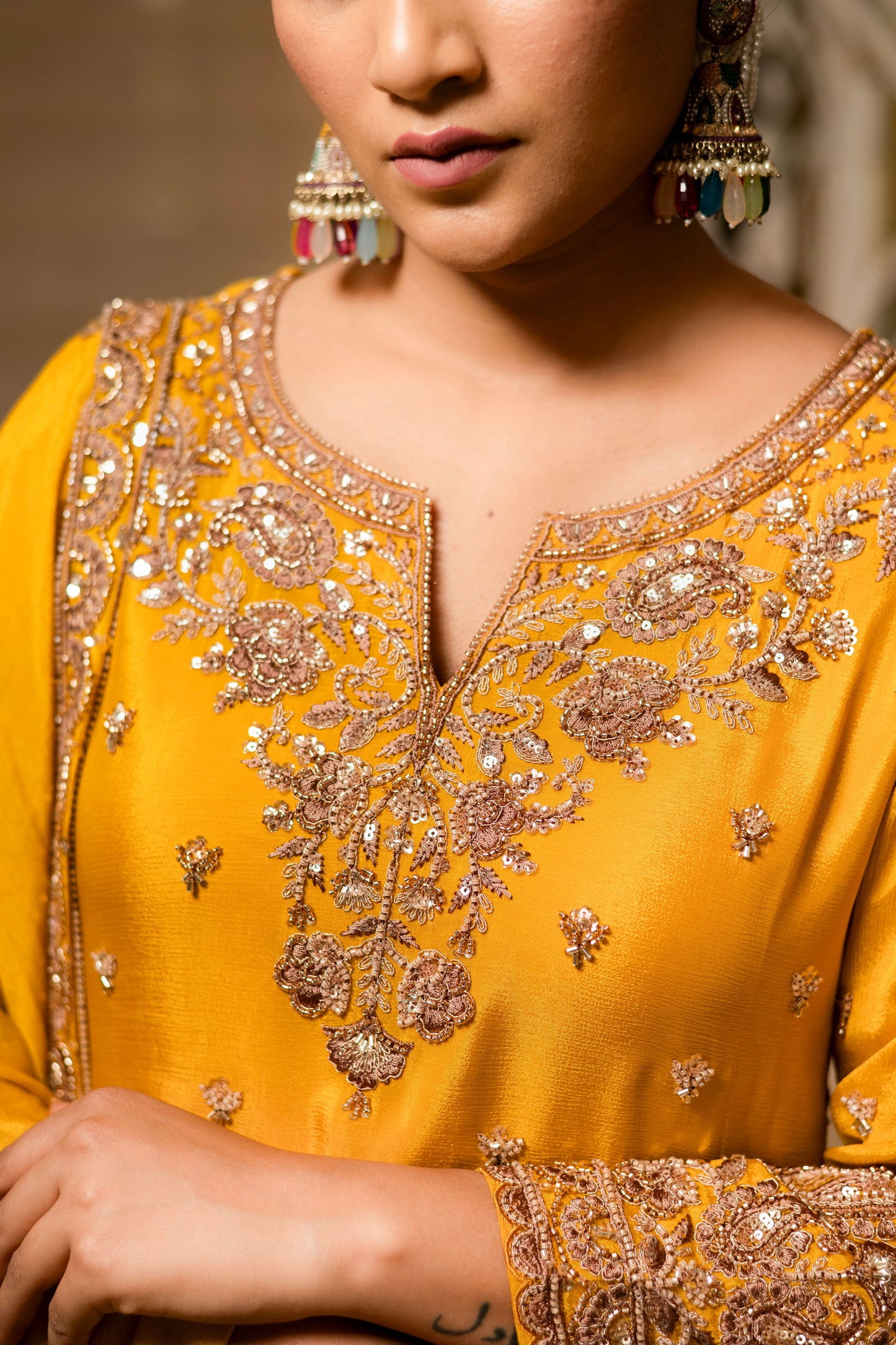 Yellow Viscose Silk Detailed Heavy Embroidered Sharara Set - Mayrake.in
