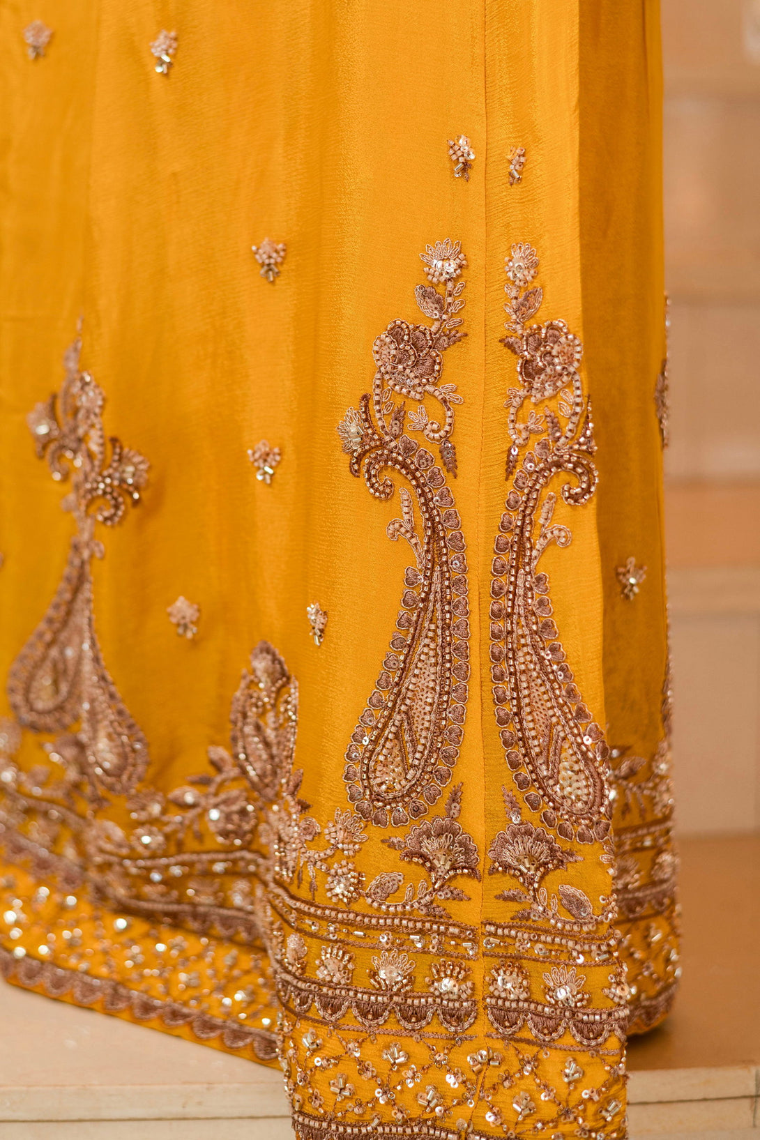 Yellow Viscose Silk Detailed Heavy Embroidered Sharara Set - Mayrake.in