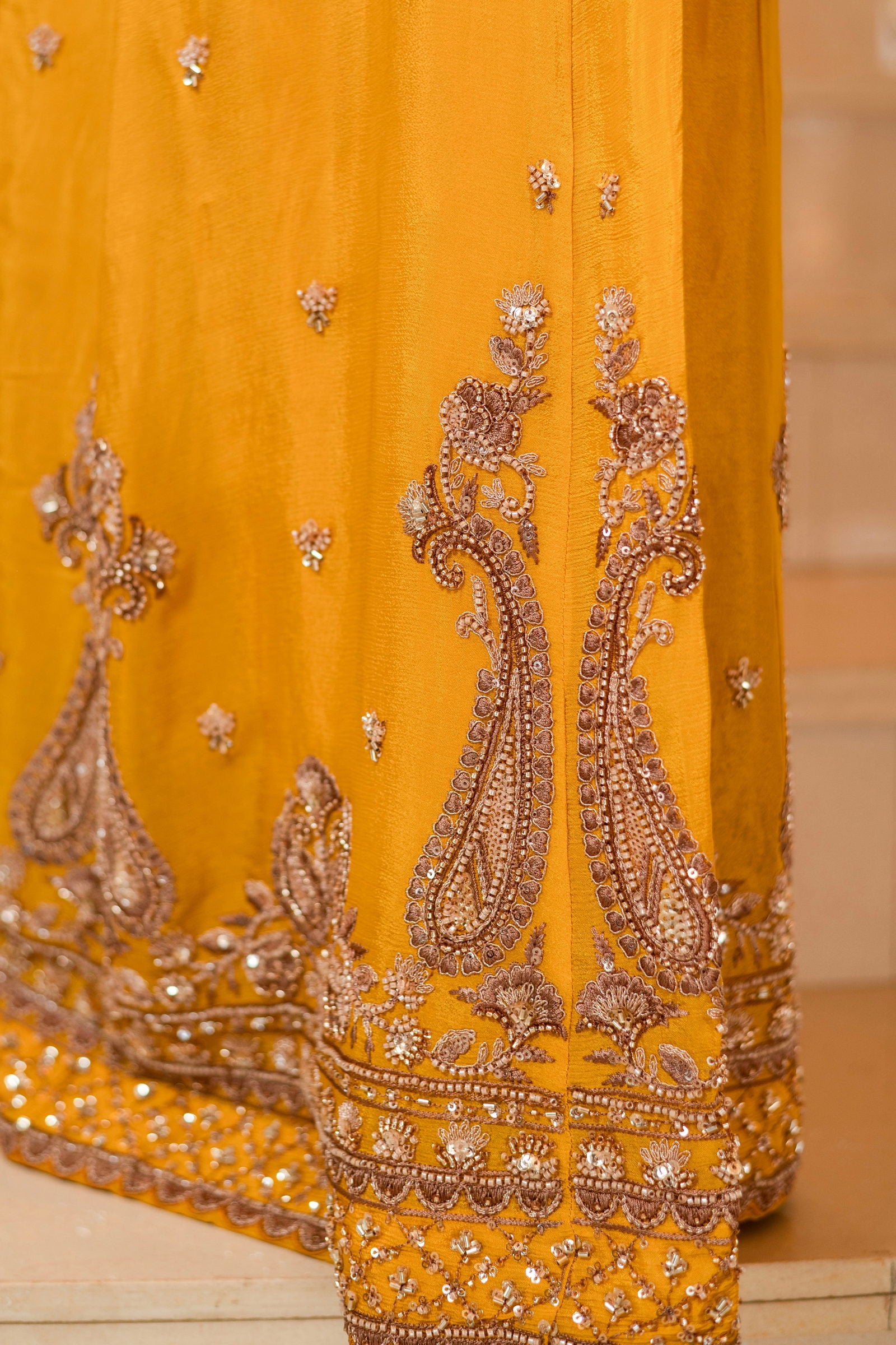 Yellow Viscose Silk Detailed Heavy Embroidered Sharara Set - Mayrake.in