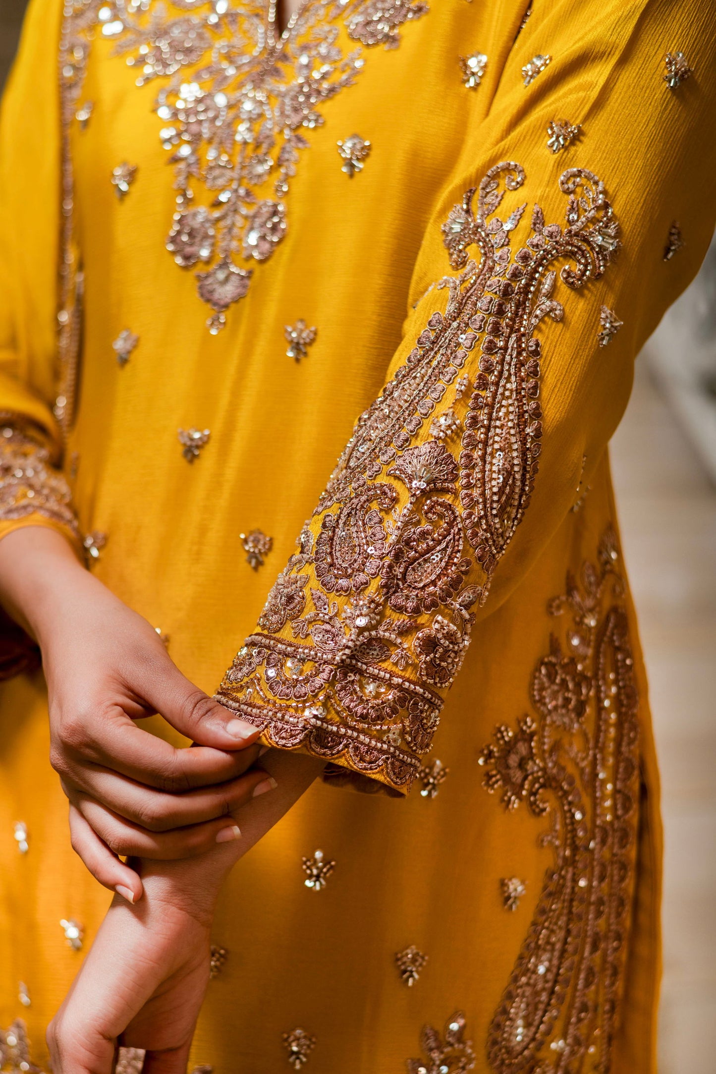 Yellow Viscose Silk Detailed Heavy Embroidered Sharara Set - Mayrake.in