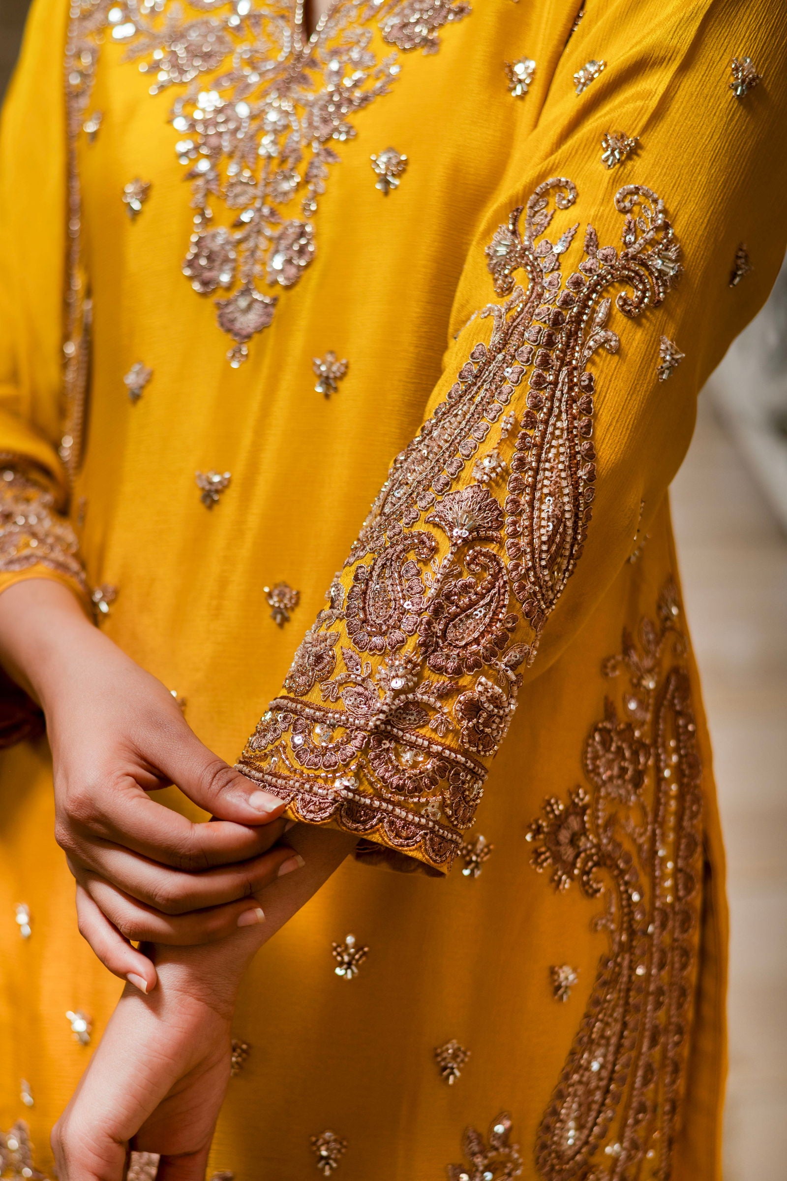 Yellow Viscose Silk Detailed Heavy Embroidered Sharara Set - Mayrake.in