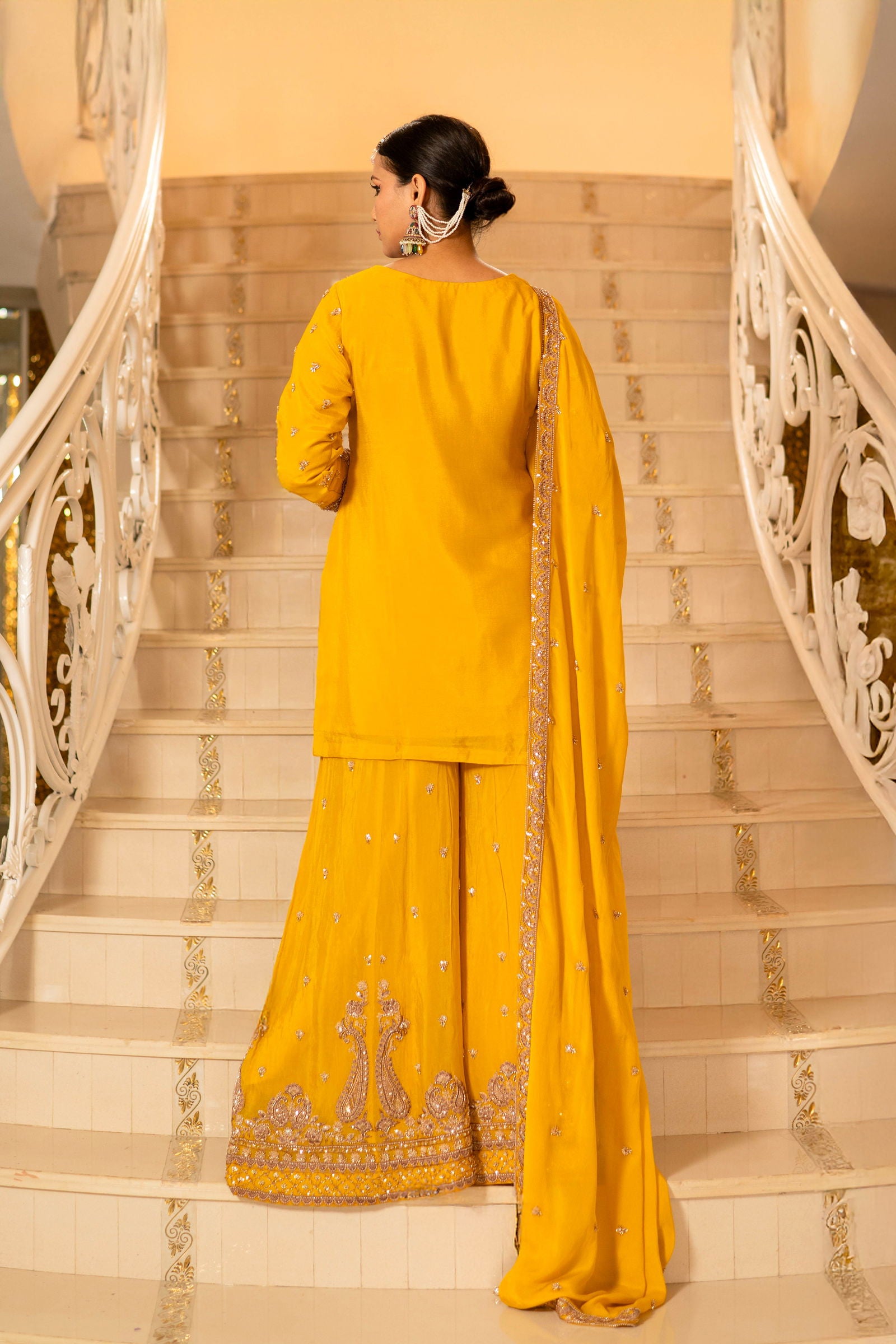 Yellow Viscose Silk Detailed Heavy Embroidered Sharara Set - Mayrake.in