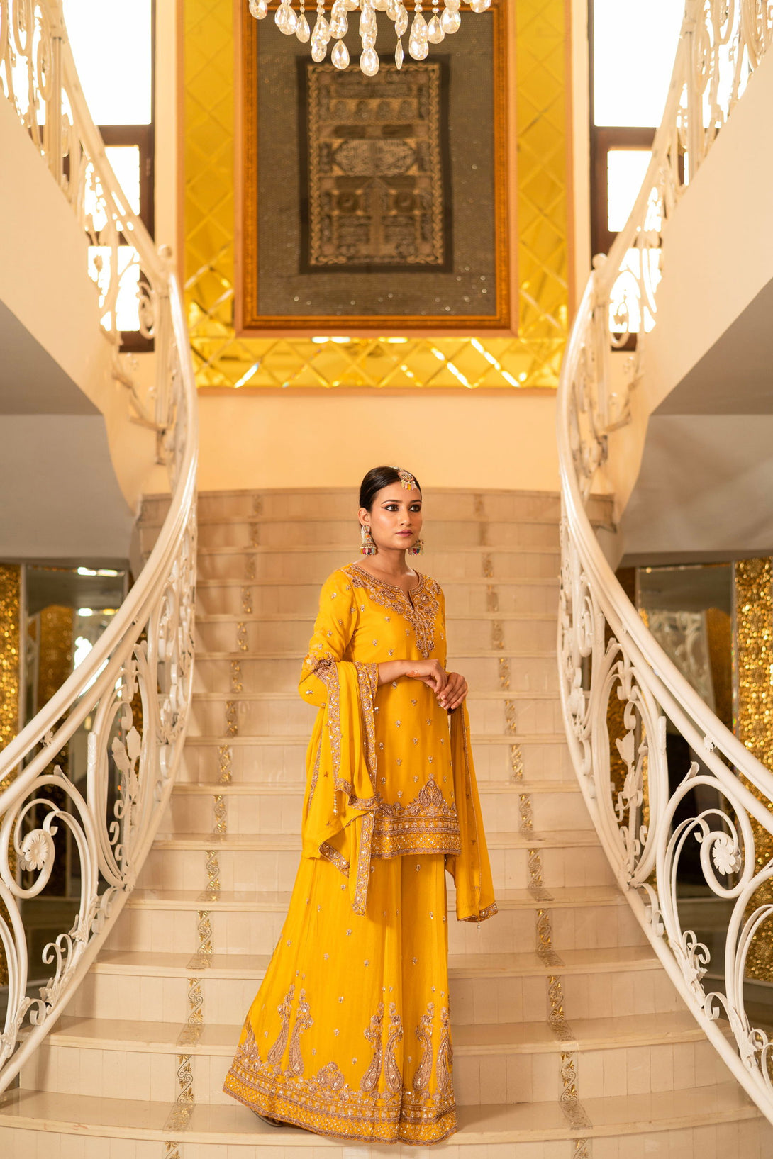 Yellow Viscose Silk Detailed Heavy Embroidered Sharara Set - Mayrake.in