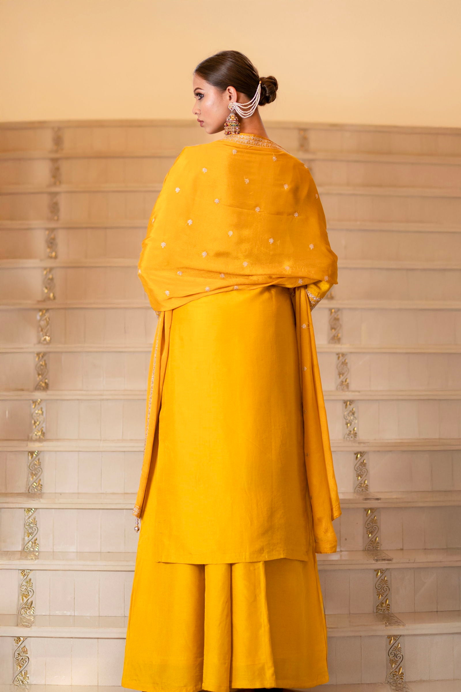 Yellow Viscose Silk Embroidered  Kurta with Flared Palazzo Set - Mayrake.in