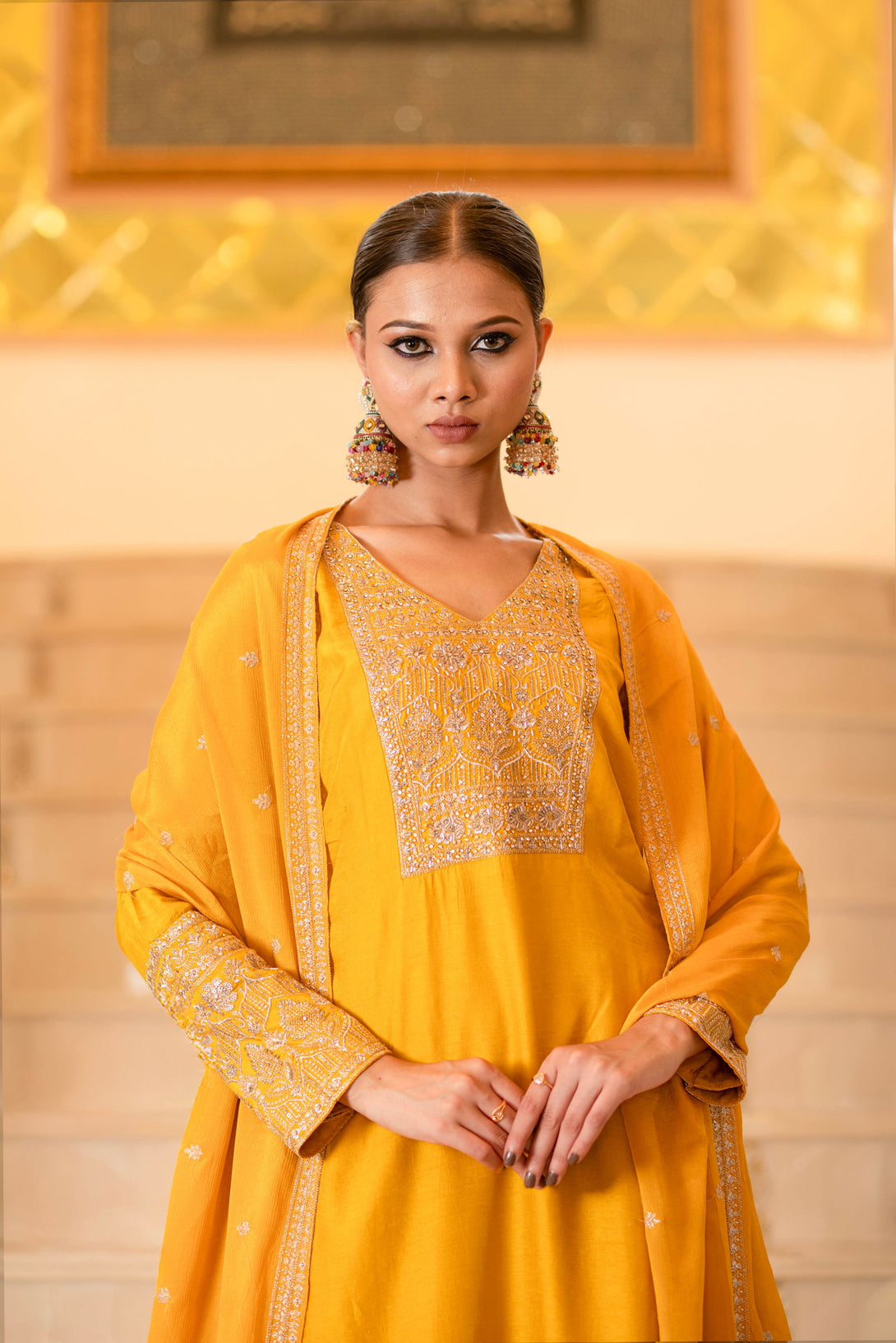 Yellow Viscose Silk Embroidered  Kurta with Flared Palazzo Set - Mayrake.in