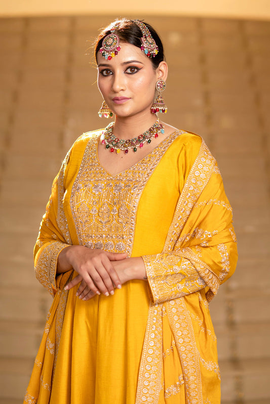 Yellow Viscose Silk Zari Embriodered Floor Length Anarkali Set - Mayrake.in