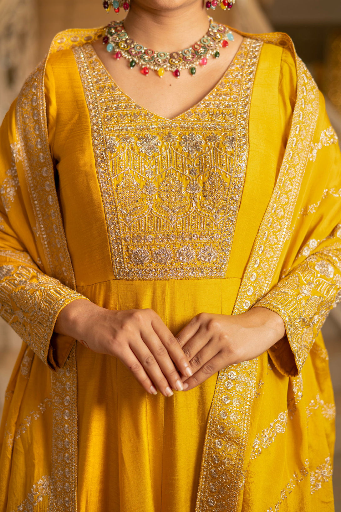 Yellow Viscose Silk Zari Embriodered Floor Length Anarkali Set - Mayrake.in