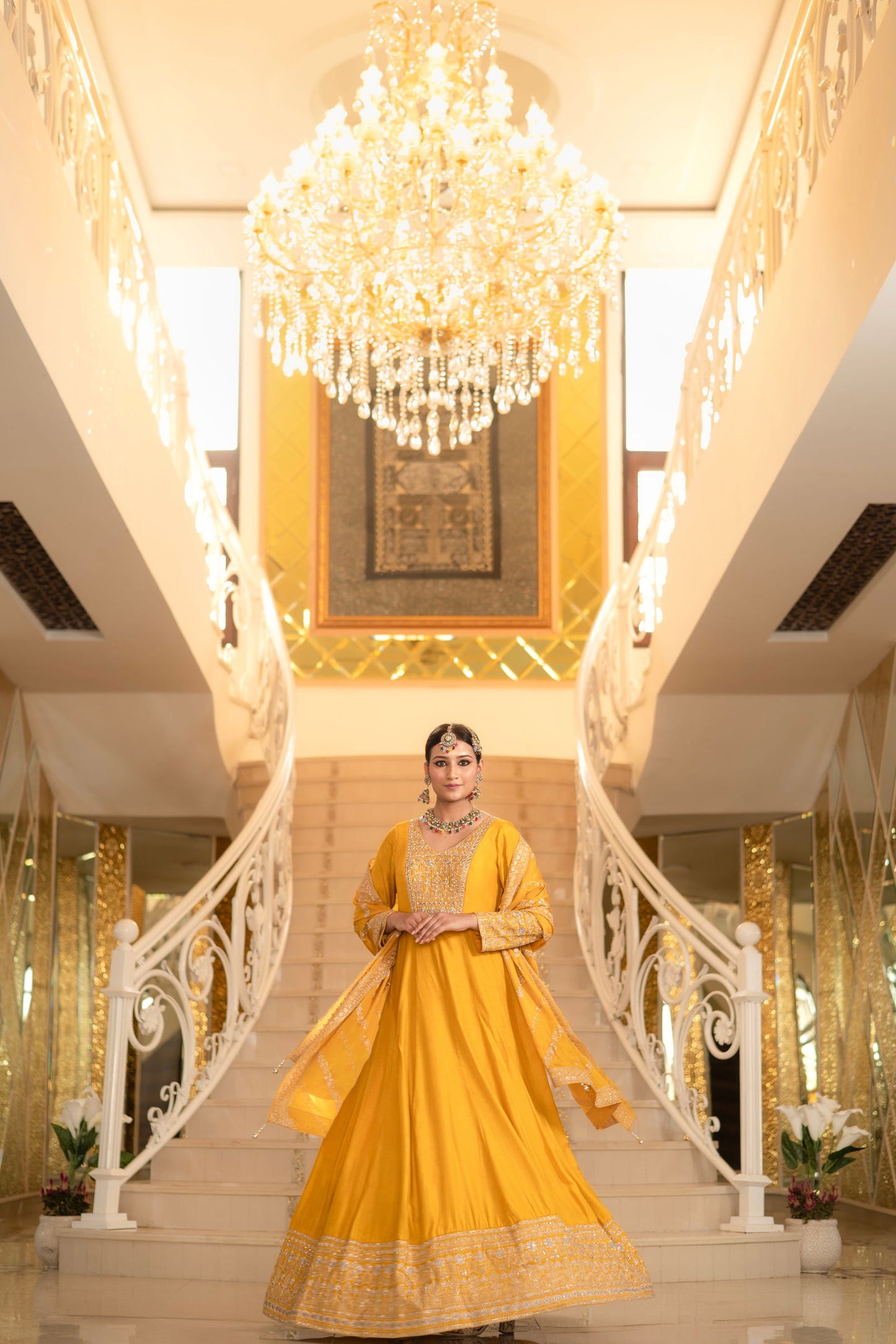 Yellow Viscose Silk Zari Embriodered Floor Length Anarkali Set - Mayrake.in