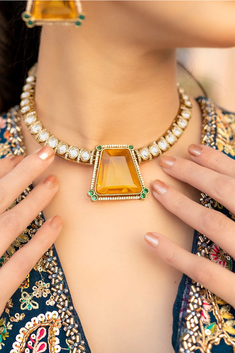Zircon AD Necklace with Bold Yellow Stone Earrings - Mayrake.in