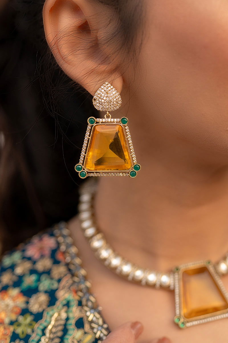 Zircon AD Necklace with Bold Yellow Stone Earrings - Mayrake.in