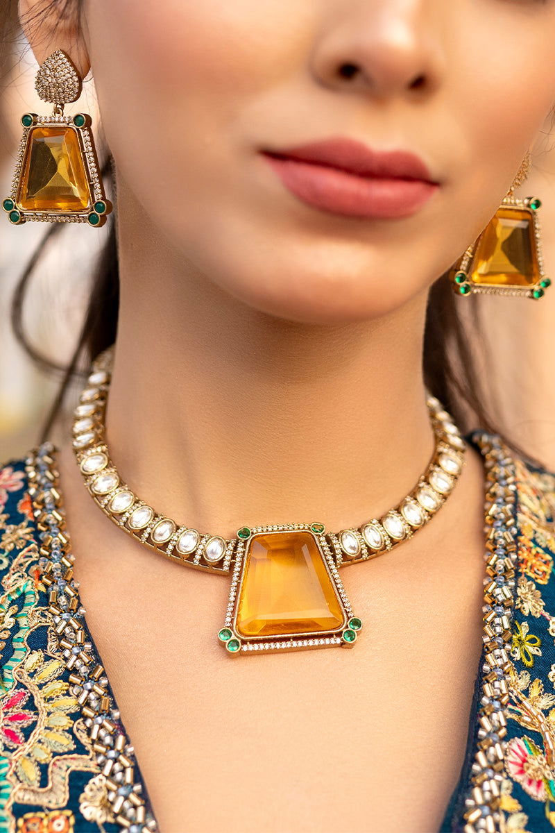 Zircon AD Necklace with Bold Yellow Stone Earrings - Mayrake.in