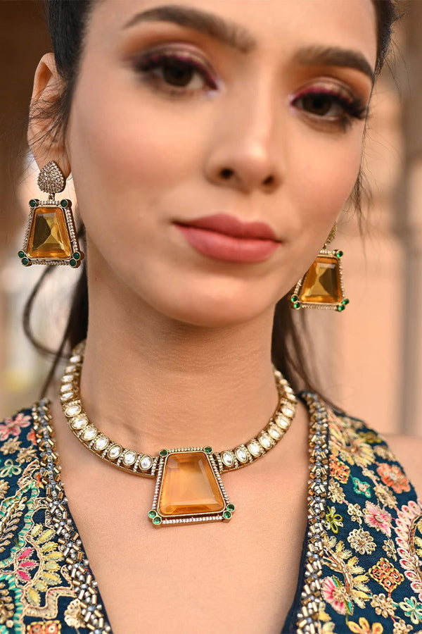 Zircon and AD Necklace with Bold Yellow Stone Earrings - Mayrake - 