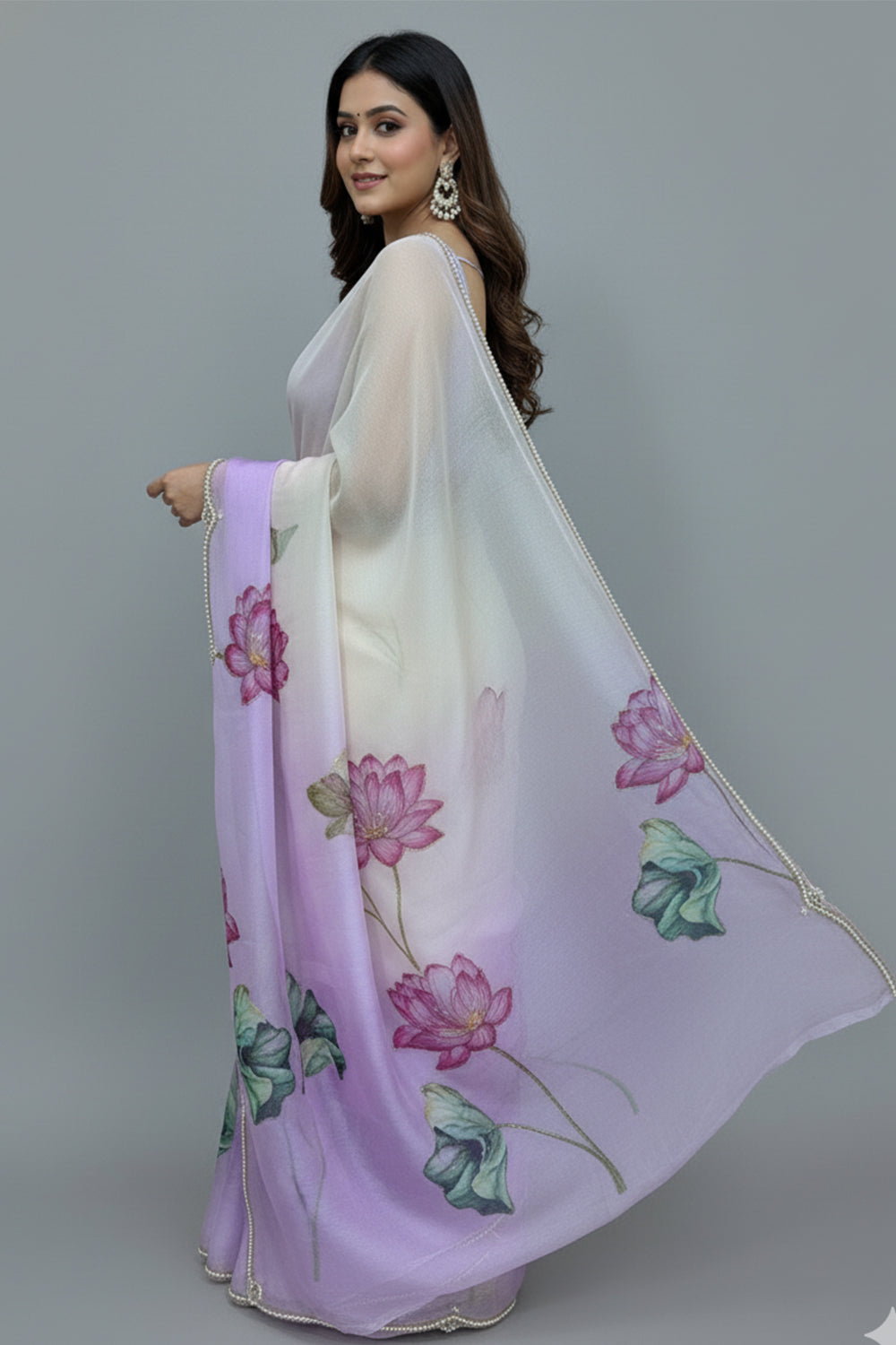 Light Purple Soft Tebi Silk Shaded Saree with Floral Digital Print & Moti Handwork Border