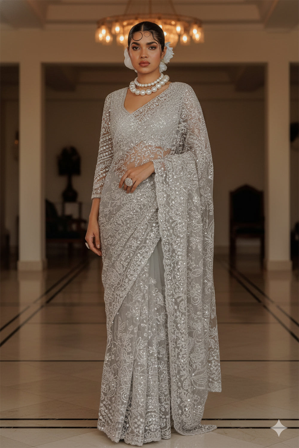 Grey Super Net Saree Featuring Sequin & Swarovski Detailing