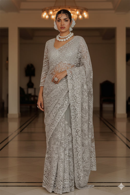Grey Super Net Saree Featuring Sequin & Swarovski Detailing