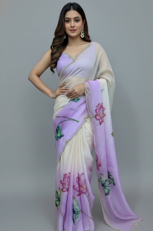 Light Purple Soft Tebi Silk Shaded Saree with Floral Digital Print & Moti Handwork Border