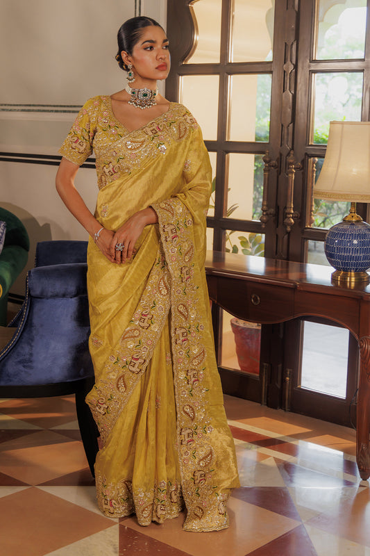 Gold Organza Saree with Zardozi & Zircon Thread Work
