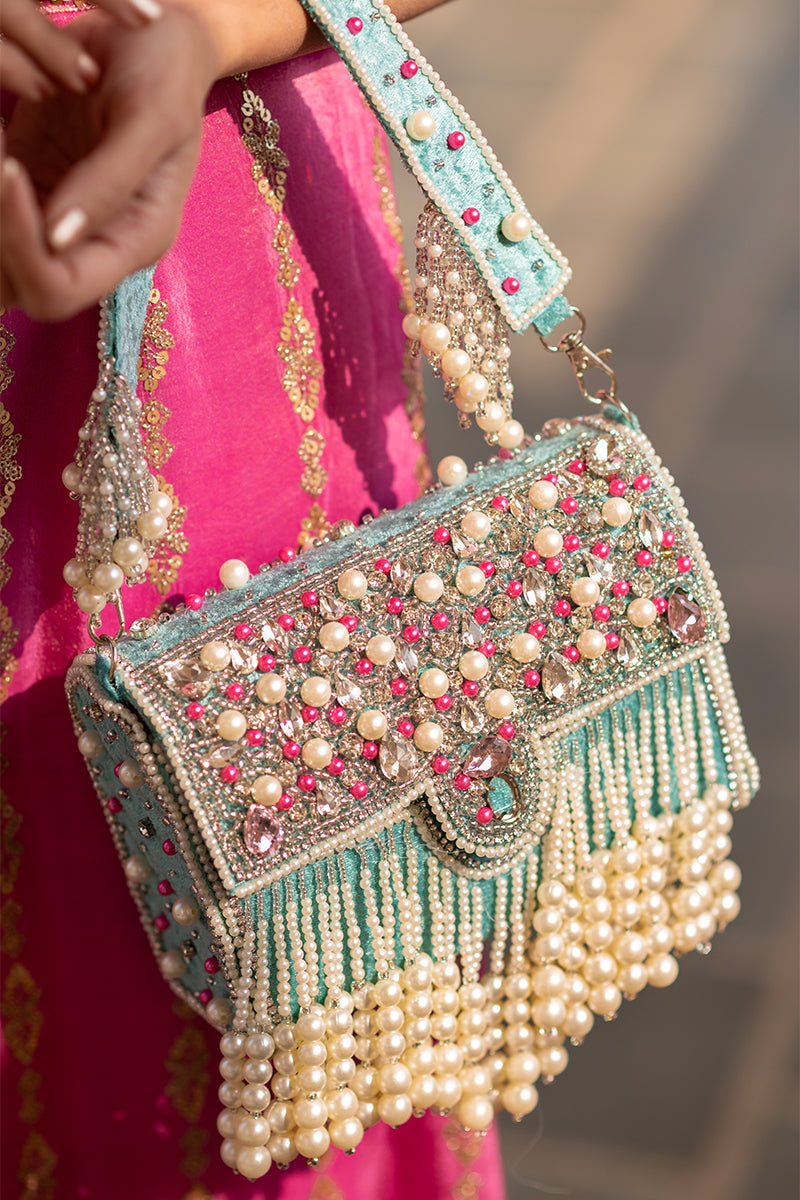 Zari Adorned Sea Blue Handbag with Pink Beads, Pearls, and Tassel