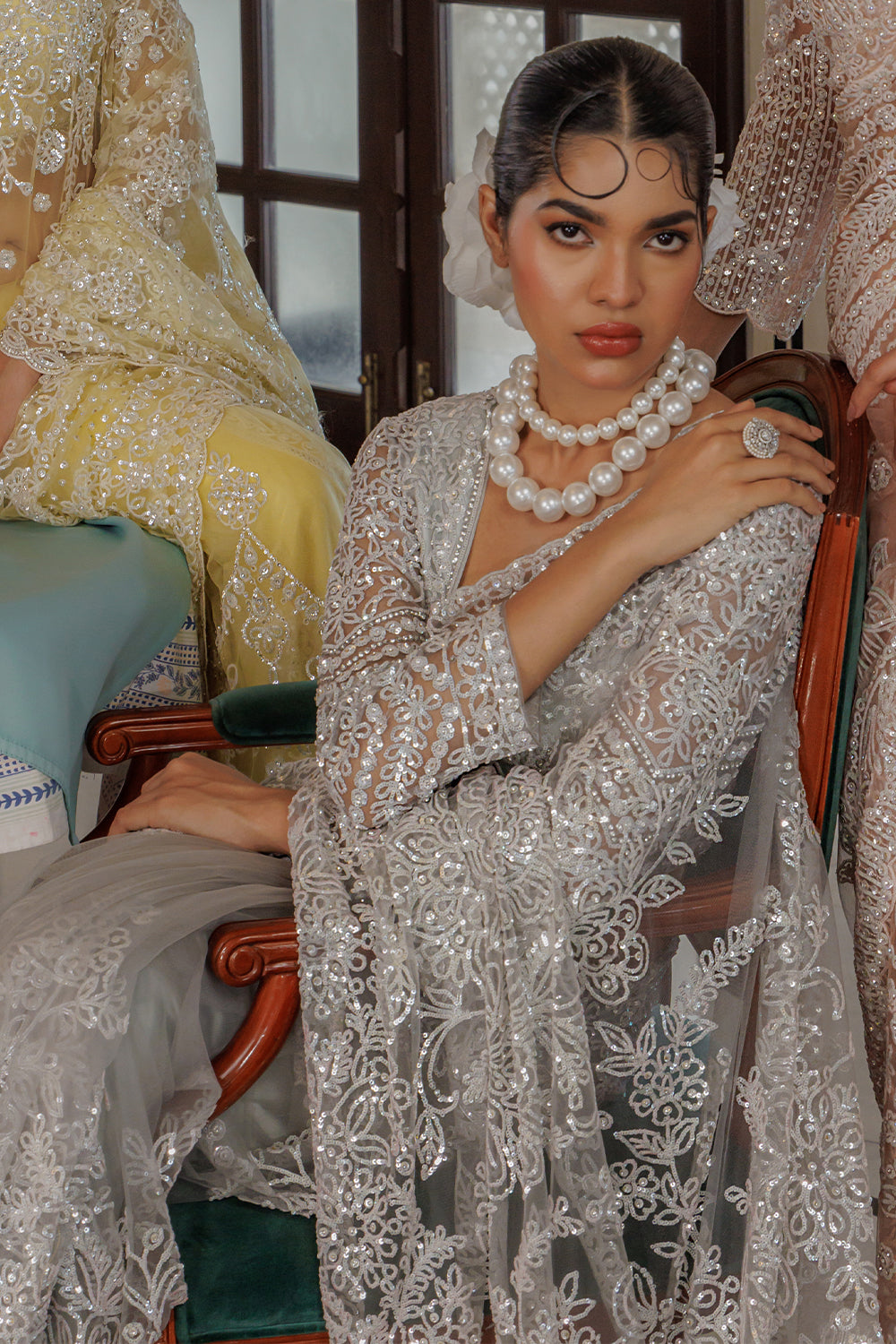 Grey Super Net Saree Featuring Sequin & Swarovski Detailing