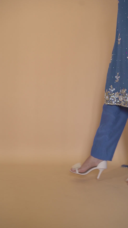 Dark Gray-Blue Chiffon Hand-Embroidered Suit