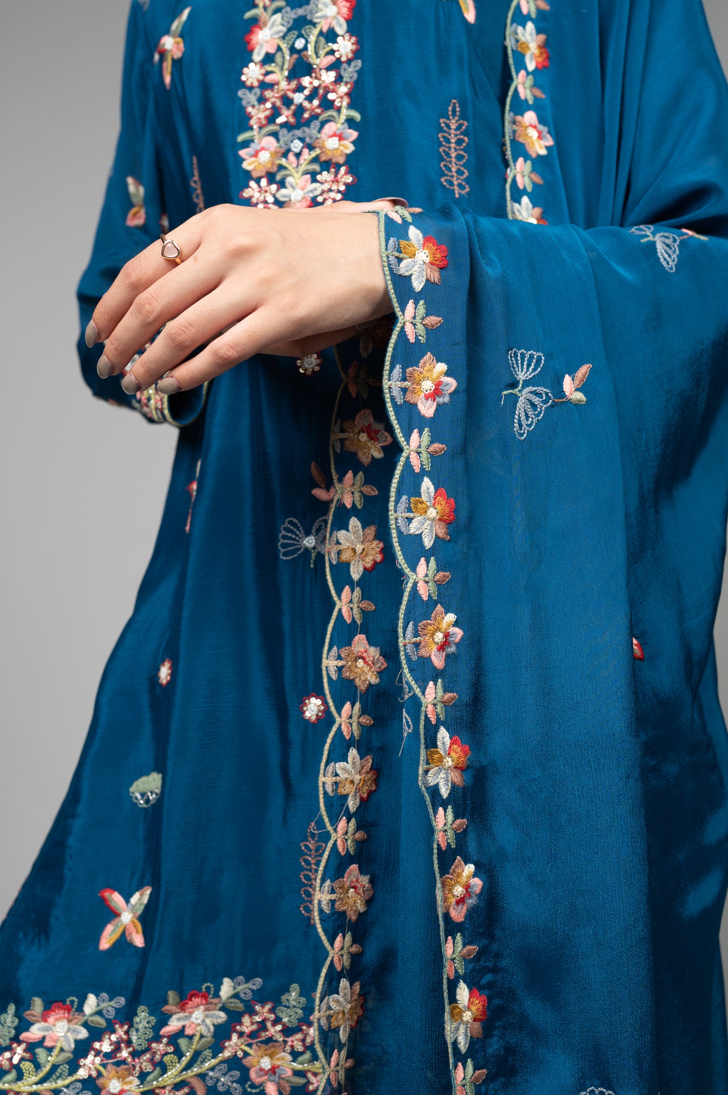 Peacock Blue Garara Set with Pearl, Pipe & Colorful Thread Work Embroidery