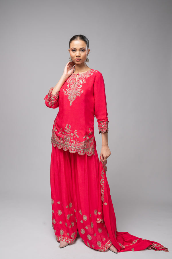 Rani Pink Crepe Kurta Sharara Set with Golden Zari Embroidery