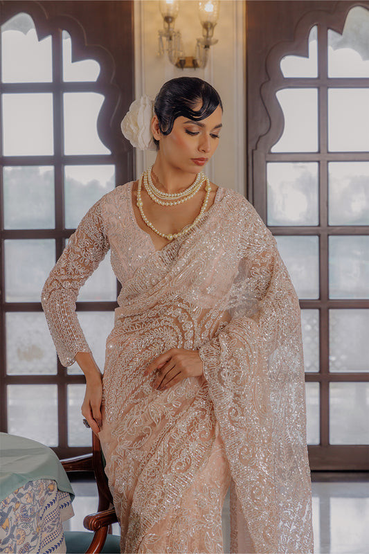 Beige Cream Super Net Saree with Zircon Stone & Sequin Embroidery