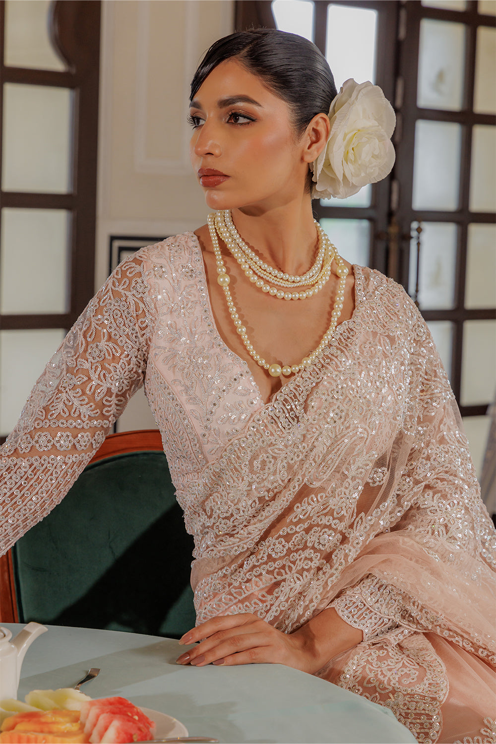 Beige Cream Super Net Saree with Zircon Stone & Sequin Embroidery