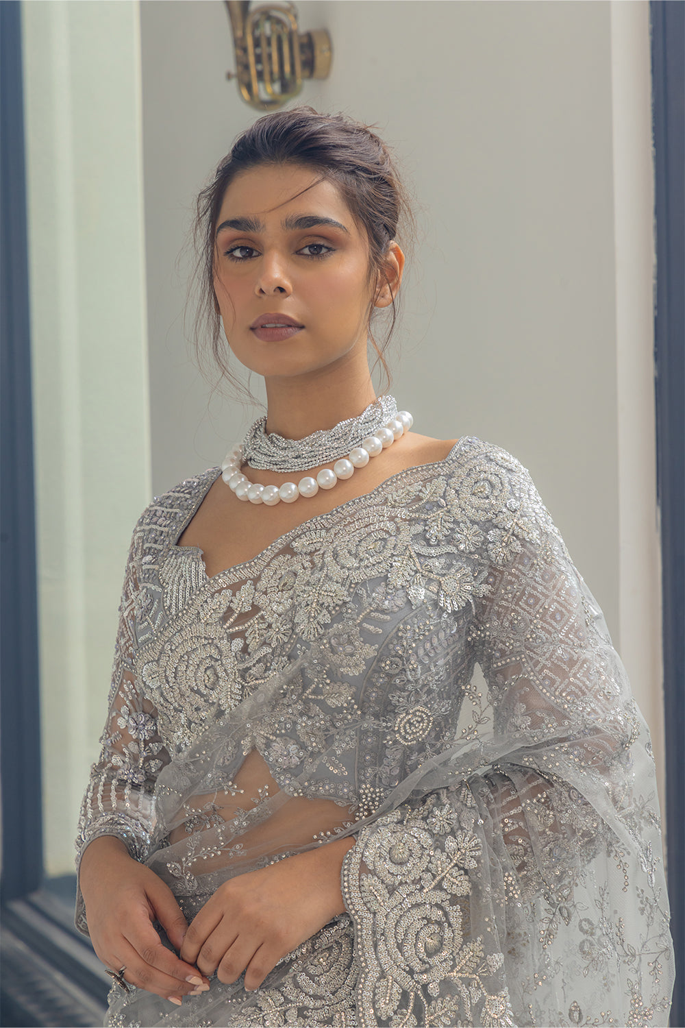Grey Super Net Saree with Zircon Stone & Sequin Embroidery