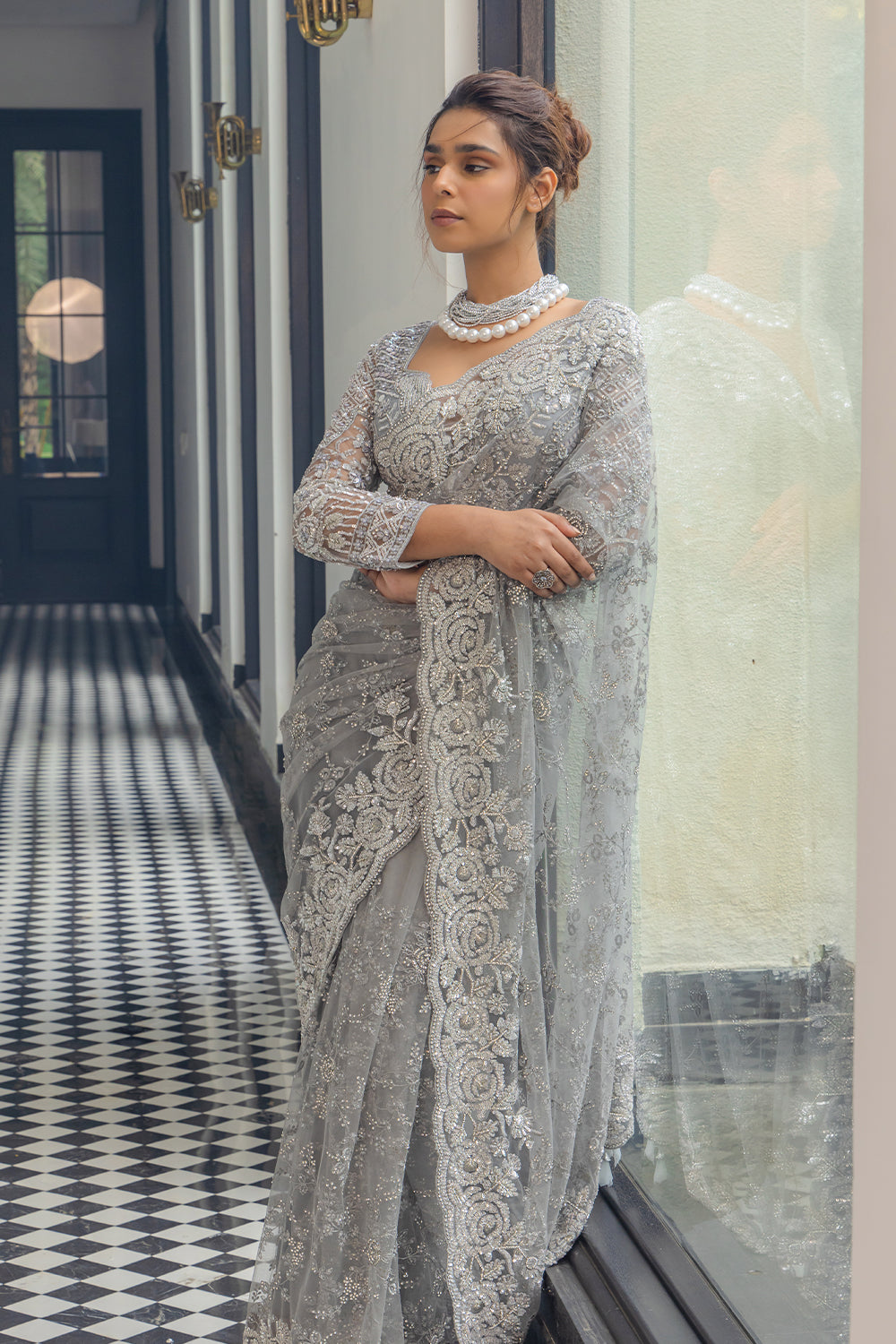 Grey Super Net Saree with Zircon Stone & Sequin Embroidery
