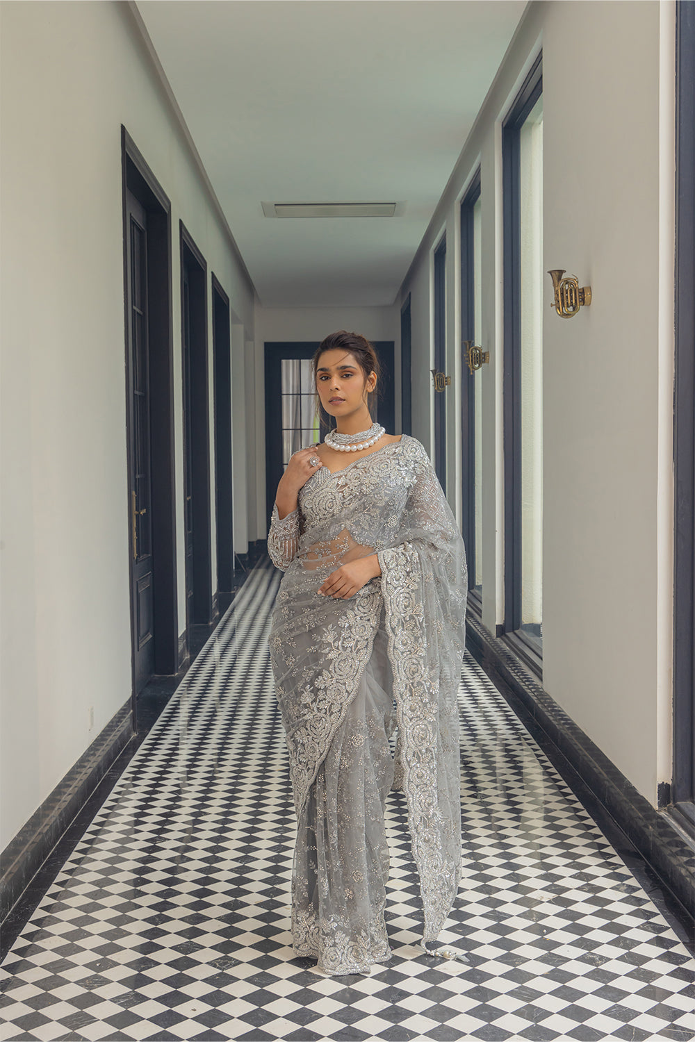 Grey Super Net Saree with Zircon Stone & Sequin Embroidery