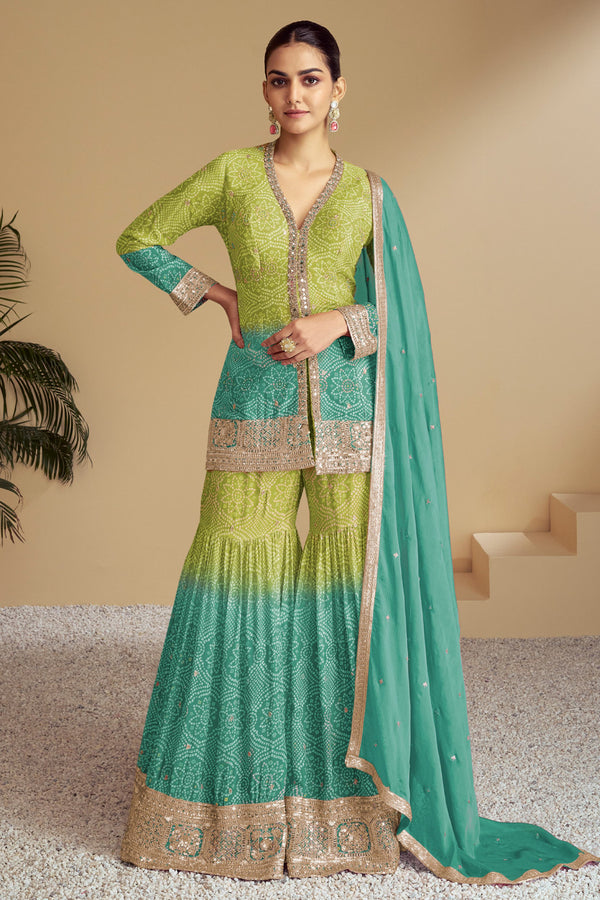 Green Bandhani Print Sharara Silk Suit with Zari Work and Matching Dupatta
